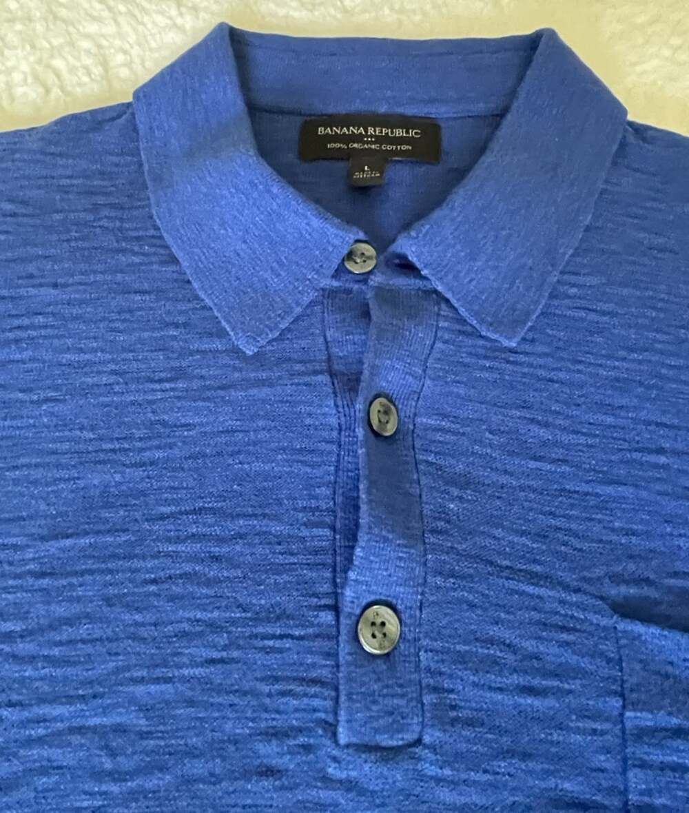 Banana Republic Mens M-L Blue 100%Organic Cotton Knit Polo Pocket Short Sleeve